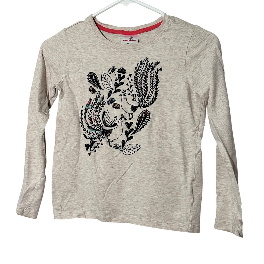 Hanna Andersson Kids 130 Oatmeal Heather‎ Folk Art Bird Long Sleeve Cotton Tee